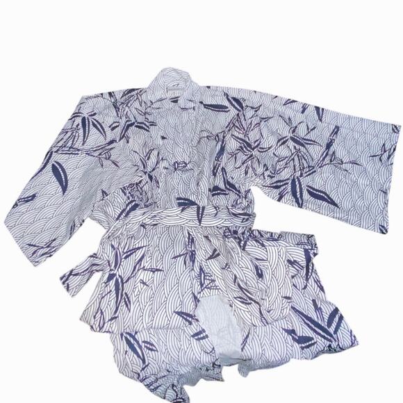 Vintage 1980s Cotton Summer Kimono Yukata Blue White Floral Bamboo Motif Size M - Picture 8 of 12